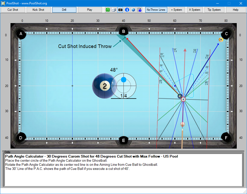 Path Angle Calculator - 30 Degrees Carom Shot for 48 Degrees Cut Shot with Max Follow - US Pool